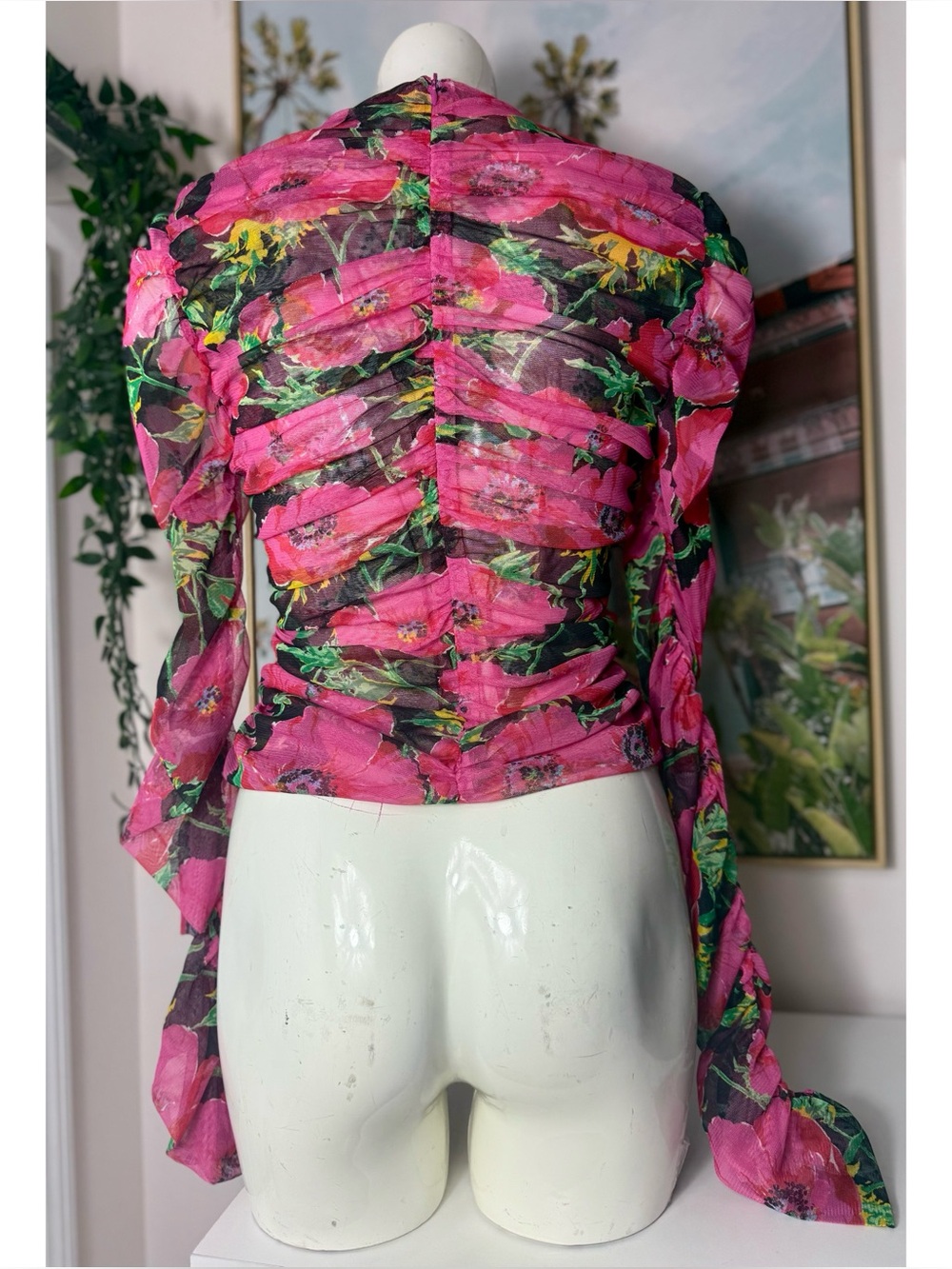 Zara Pink Black Floral Mesh Ruched Crop Top Sheer Thumbhole Blogger Size XL - Picture 6 of 9